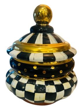 MacKenzie-Childs Courtly Check “Groovy” Canister – Black White Gold – Lidded Jar